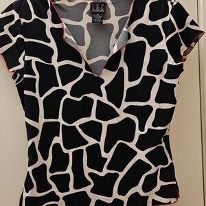 INC Petites Black and White Top with Red Trim on Sleeves, Hem and Collar Size PM